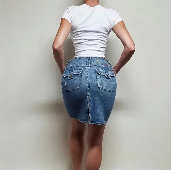 VINTAGE Y2K Bongo Distressed High Rise Stretchy Denim Mini Skirt Wide Belt Loops - Picture 3 of 12